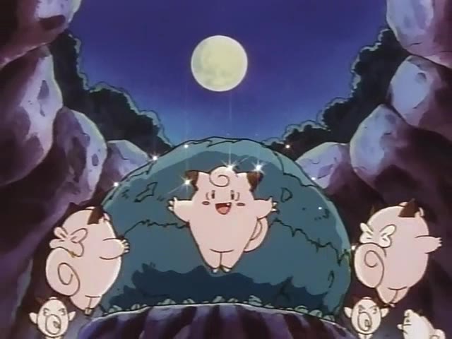 Clefairy dancing around their newly-completed Moon Stone