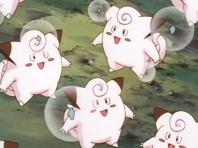 Clefairy watching the pieces of Moon Stone descend to earth