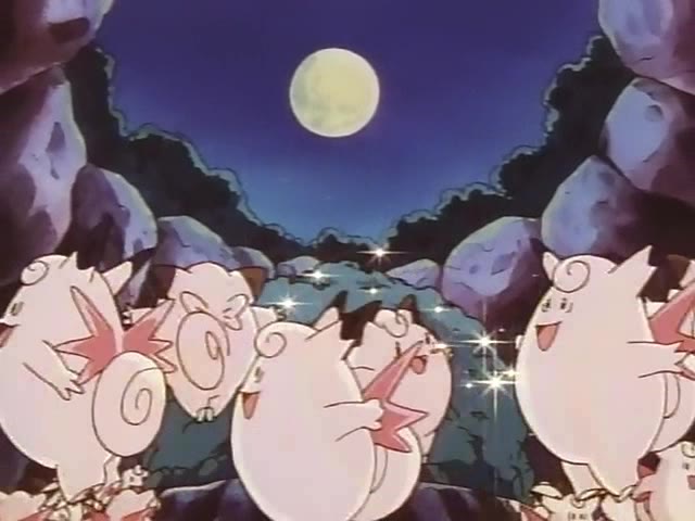 Clefairy and Clefable dancing around the Moon Stone