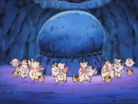 Cleffa, Clefairy, and Clefable all dancing around the Moon Stone together